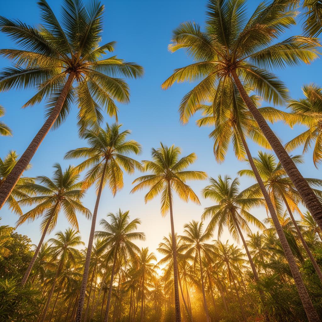 Sunlit tropical palm trees against a clear blue sky